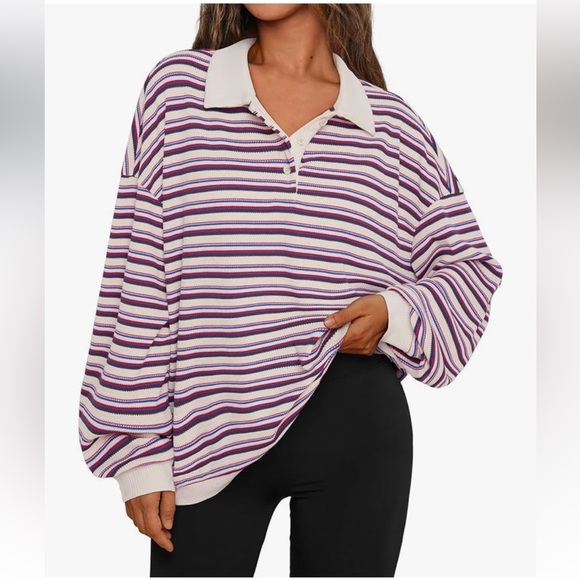 Trendy Queen Women's Oversized Striped Polo Sweatshirt - Picture 2 of 7